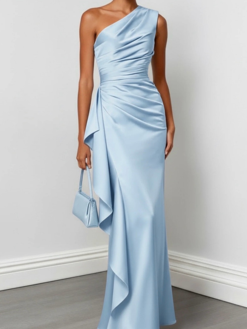 One-Shoulder Draped Evening Gown in Light Blue